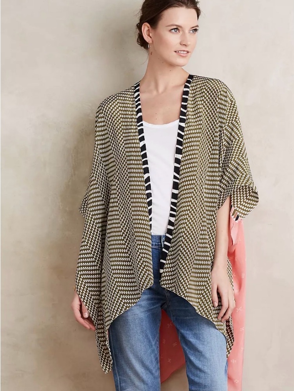Anthropologie “Anahi Kimono” Olive and Black Striped-Trim kimono